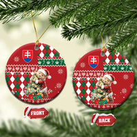 Red ceramic circular Christmas ornament with bear, argyle plaid, Slovak shield, gold hanging loop