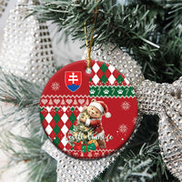Red ceramic circular Christmas ornament with bear, argyle plaid pattern, Slovak shield, hanging