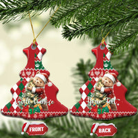 Red ceramic Christmas tree-shaped ornament with bear, argyle plaid, Slovak shield, gold hanging loop