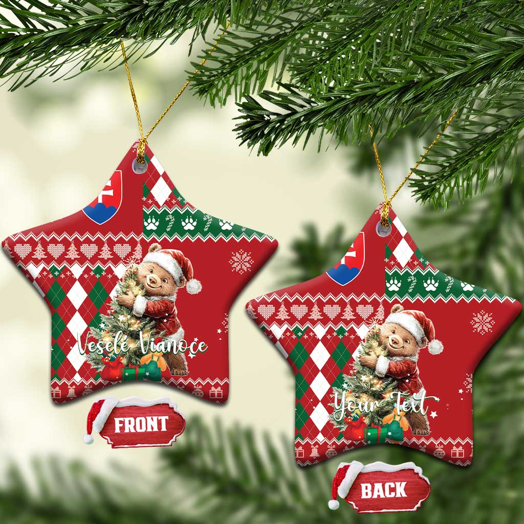 Red ceramic star-shaped Christmas ornament with bear, argyle plaid pattern, Slovak shield, gold loop