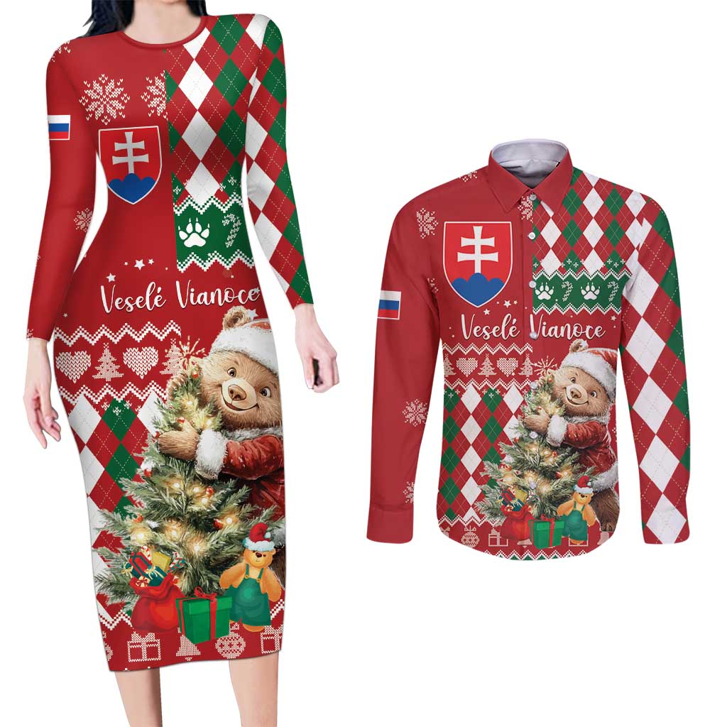 Personalised Slovakia Christmas Couples Matching Long Sleeve Bodycon Dress and Long Sleeve Button Shirt Brown Bear Mix Argyle Pattern - Wonder Print Shop