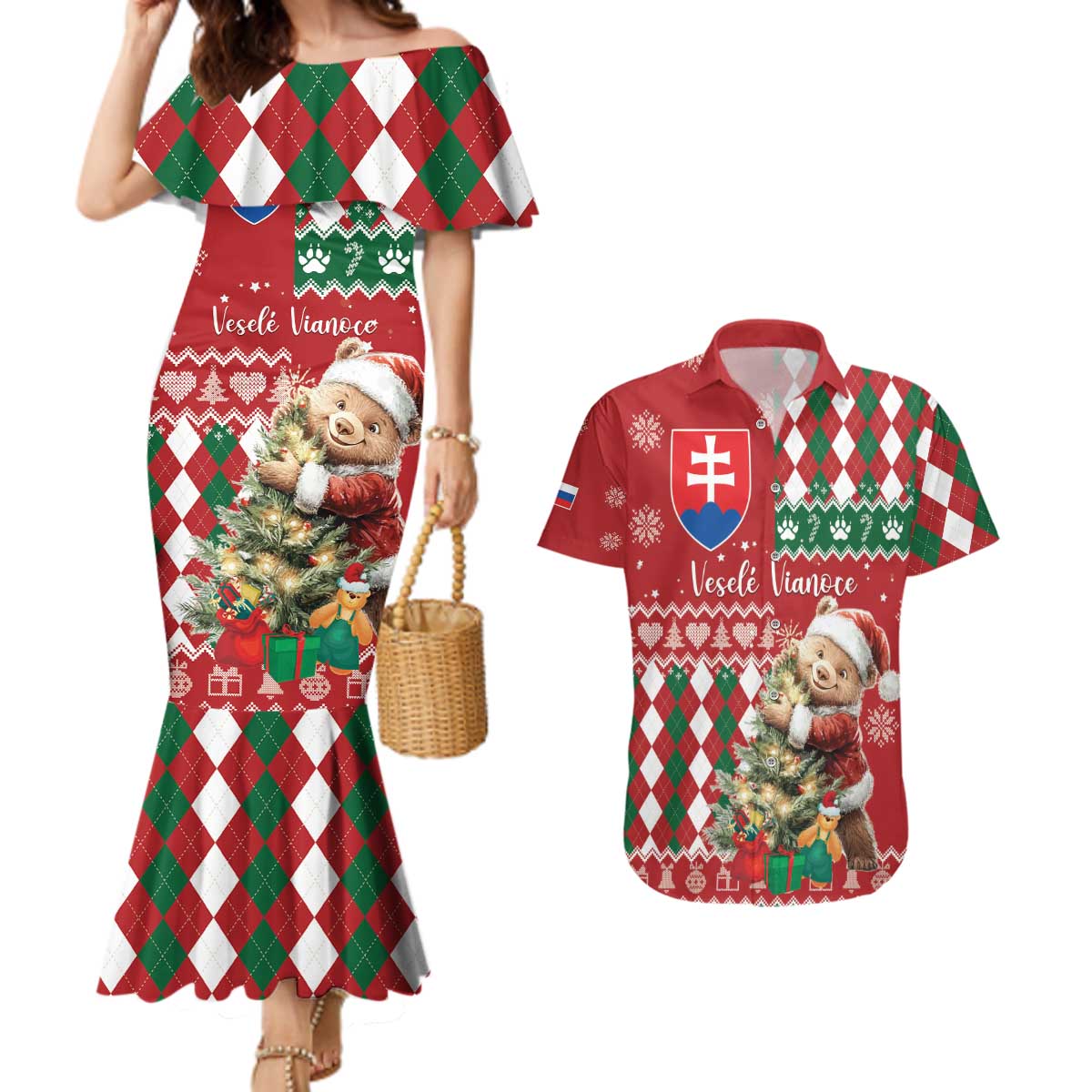 Personalised Slovakia Christmas Couples Matching Mermaid Dress and Hawaiian Shirt Brown Bear Mix Argyle Pattern - Wonder Print Shop