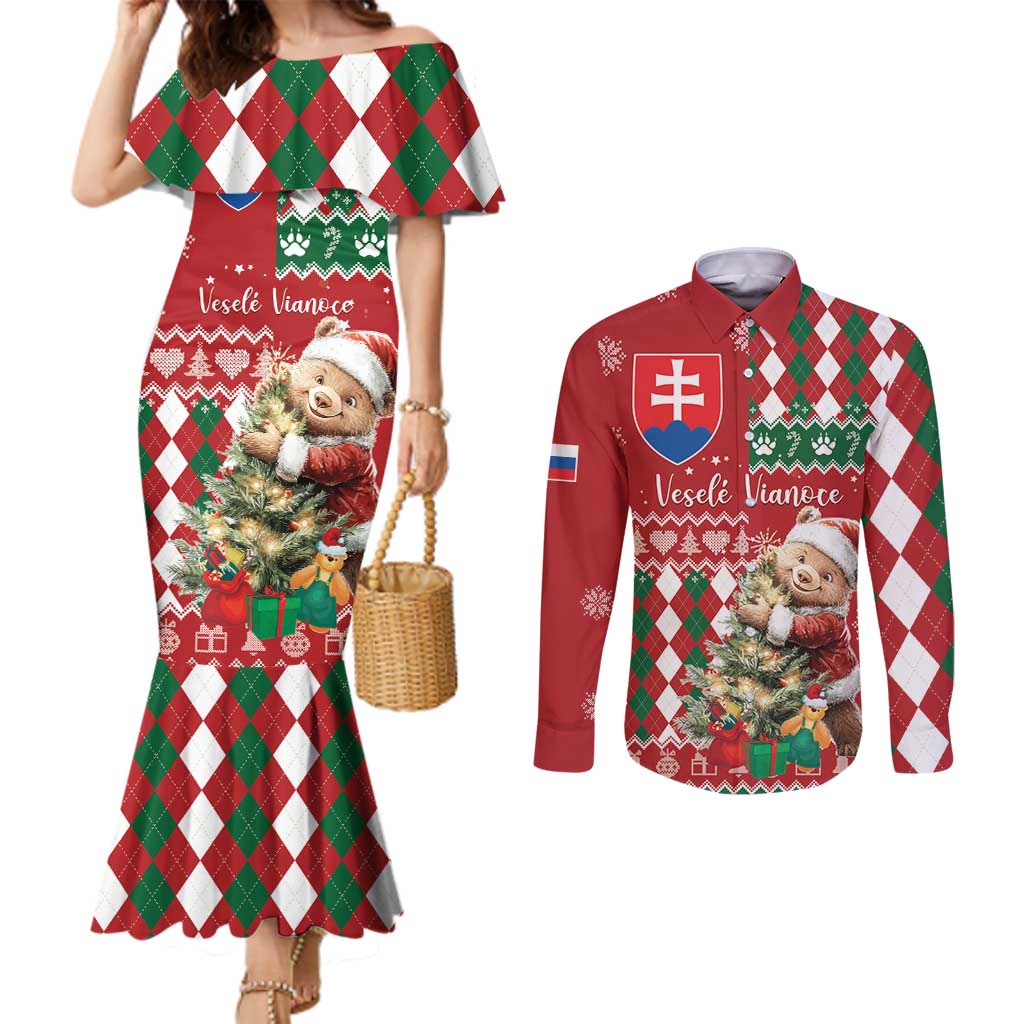 Personalised Slovakia Christmas Couples Matching Mermaid Dress and Long Sleeve Button Shirt Brown Bear Mix Argyle Pattern