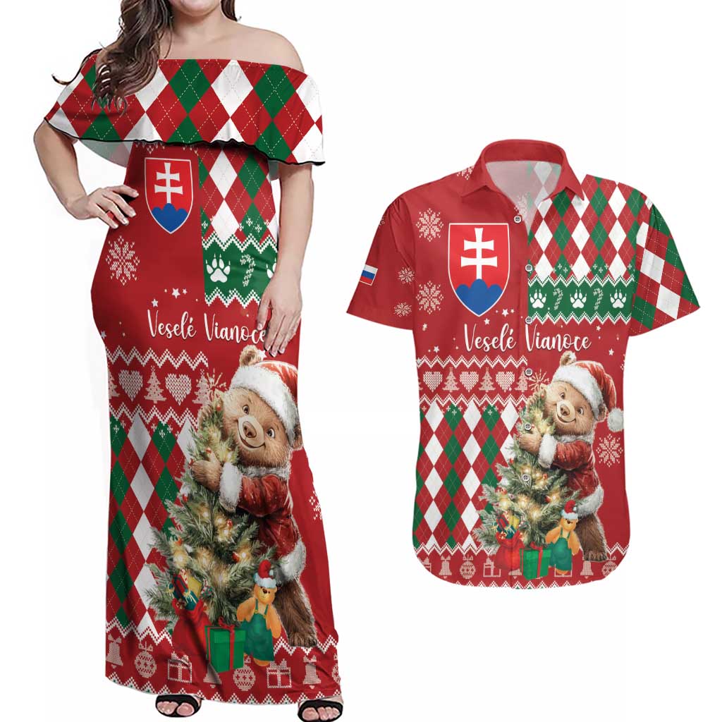 Personalised Slovakia Christmas Couples Matching Off Shoulder Maxi Dress and Hawaiian Shirt Brown Bear Mix Argyle Pattern - Wonder Print Shop