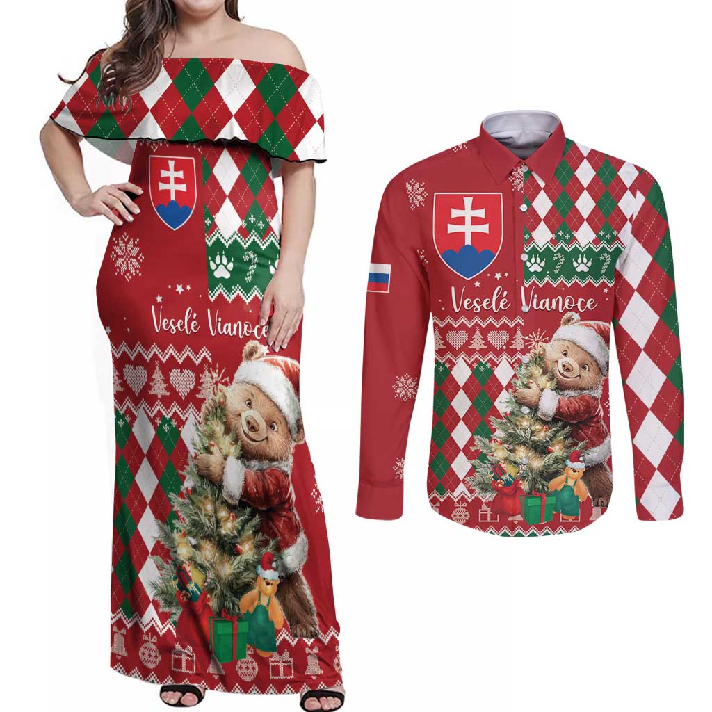 Personalised Slovakia Christmas Couples Matching Off Shoulder Maxi Dress and Long Sleeve Button Shirt Brown Bear Mix Argyle Pattern - Wonder Print Shop