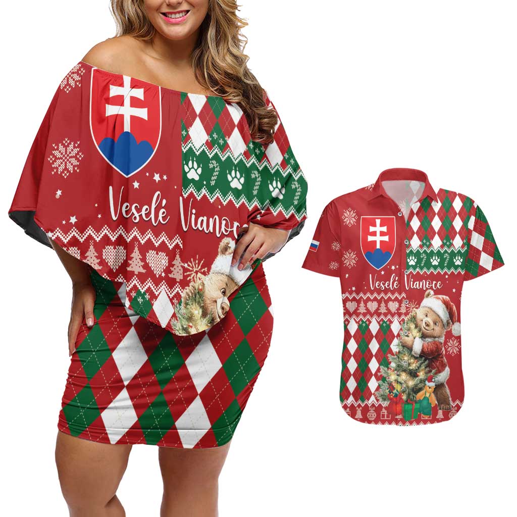 Personalised Slovakia Christmas Couples Matching Off Shoulder Short Dress and Hawaiian Shirt Brown Bear Mix Argyle Pattern - Wonder Print Shop