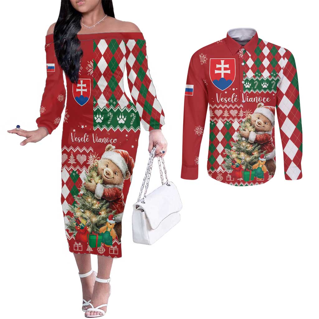 Personalised Slovakia Christmas Couples Matching Off The Shoulder Long Sleeve Dress and Long Sleeve Button Shirt Brown Bear Mix Argyle Pattern