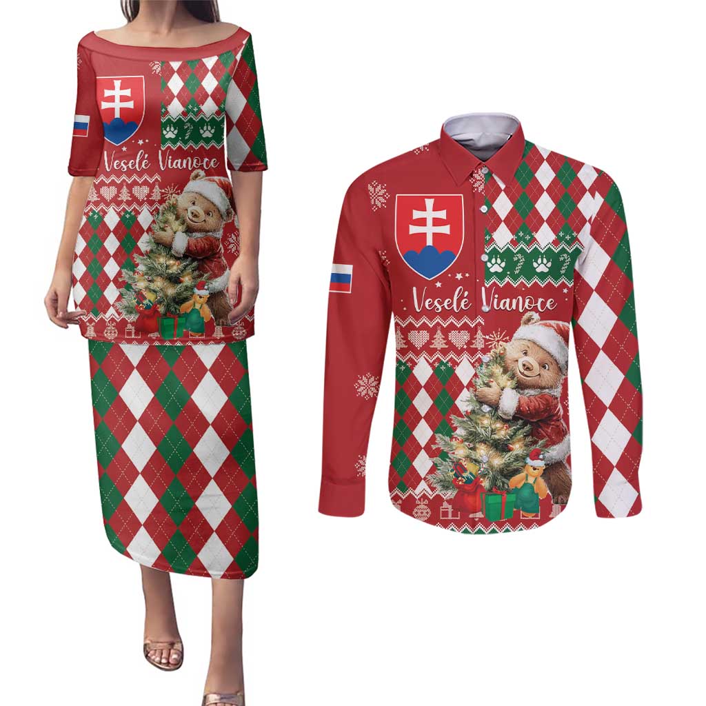 Personalised Slovakia Christmas Couples Matching Puletasi and Long Sleeve Button Shirt Brown Bear Mix Argyle Pattern - Wonder Print Shop