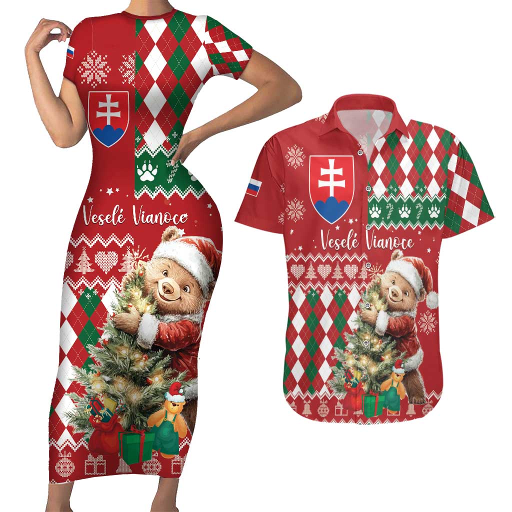 Personalised Slovakia Christmas Couples Matching Short Sleeve Bodycon Dress and Hawaiian Shirt Brown Bear Mix Argyle Pattern - Wonder Print Shop