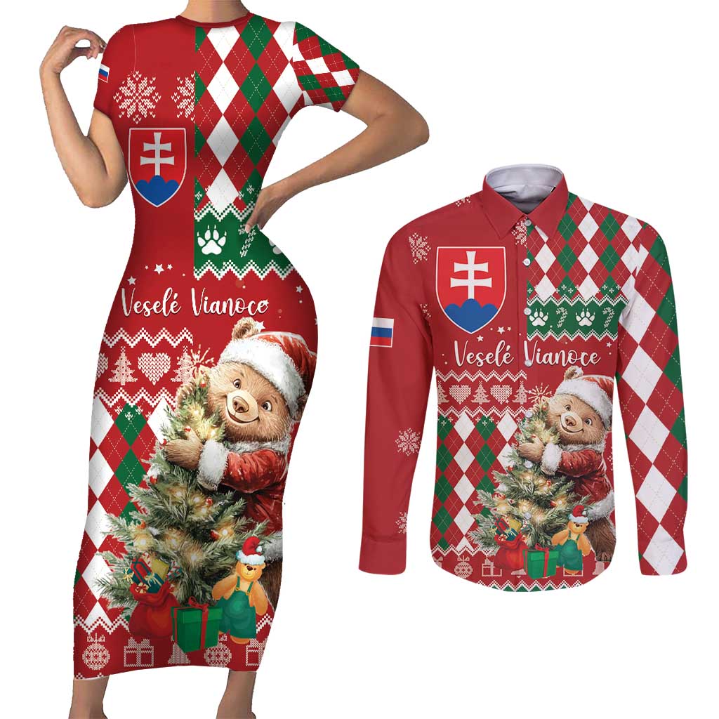 Personalised Slovakia Christmas Couples Matching Short Sleeve Bodycon Dress and Long Sleeve Button Shirt Brown Bear Mix Argyle Pattern - Wonder Print Shop