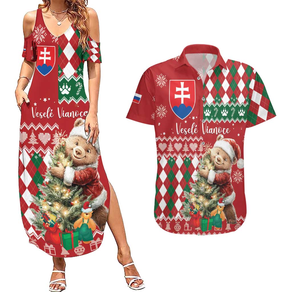 Personalised Slovakia Christmas Couples Matching Summer Maxi Dress and Hawaiian Shirt Brown Bear Mix Argyle Pattern - Wonder Print Shop