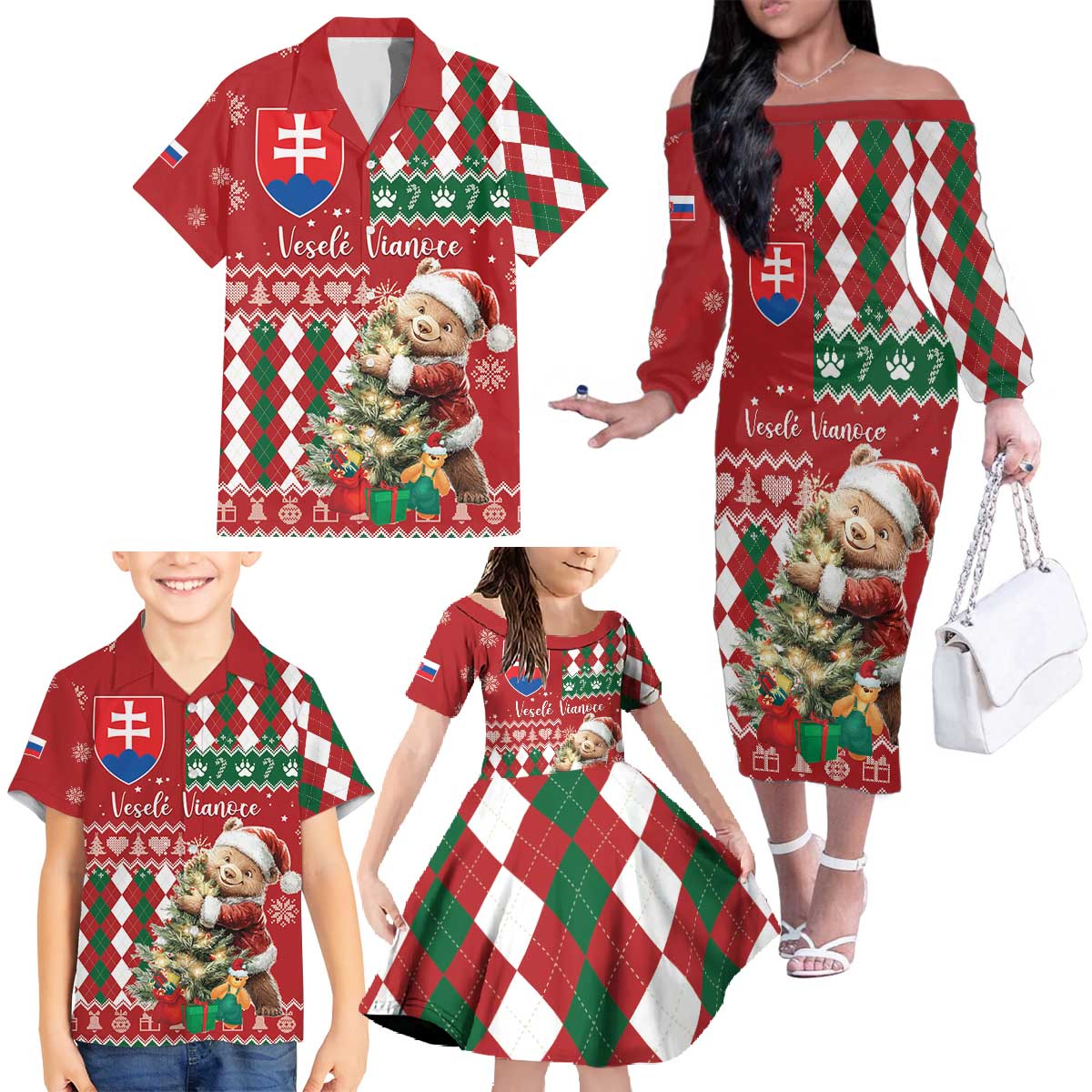 Personalised Slovakia Christmas Family Matching Off The Shoulder Long Sleeve Dress and Hawaiian Shirt Brown Bear Mix Argyle Pattern - Wonder Print Shop