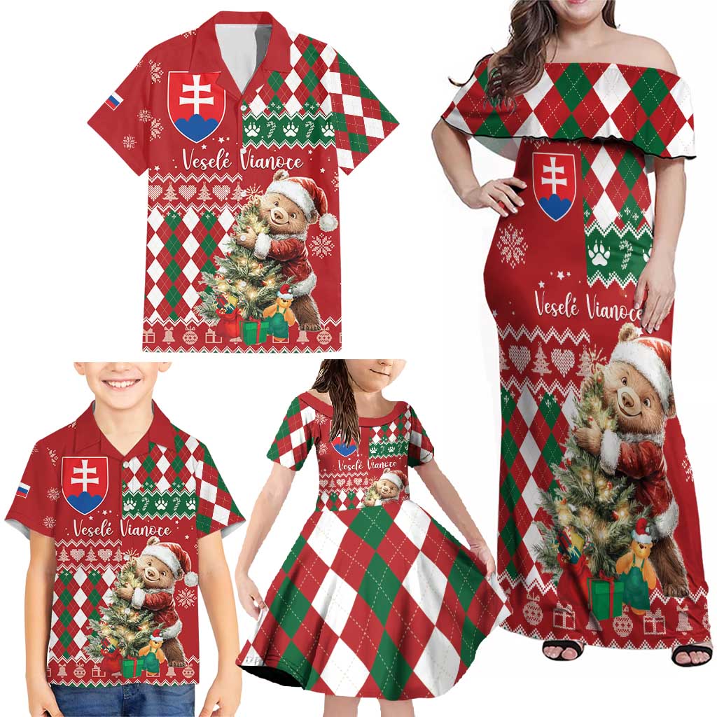 Personalised Slovakia Christmas Family Matching Off Shoulder Maxi Dress and Hawaiian Shirt Brown Bear Mix Argyle Pattern - Wonder Print Shop