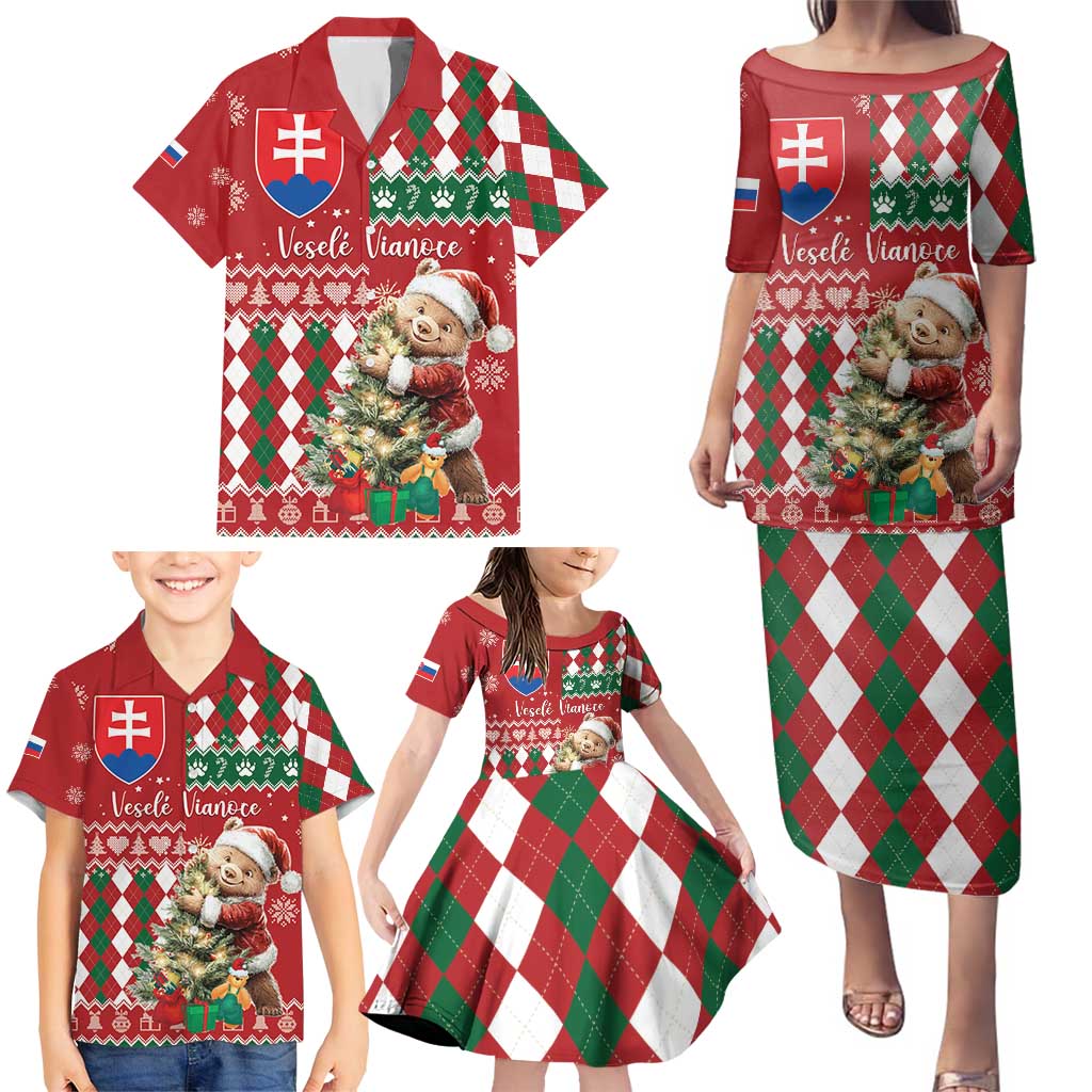 Personalised Slovakia Christmas Family Matching Puletasi and Hawaiian Shirt Brown Bear Mix Argyle Pattern - Wonder Print Shop