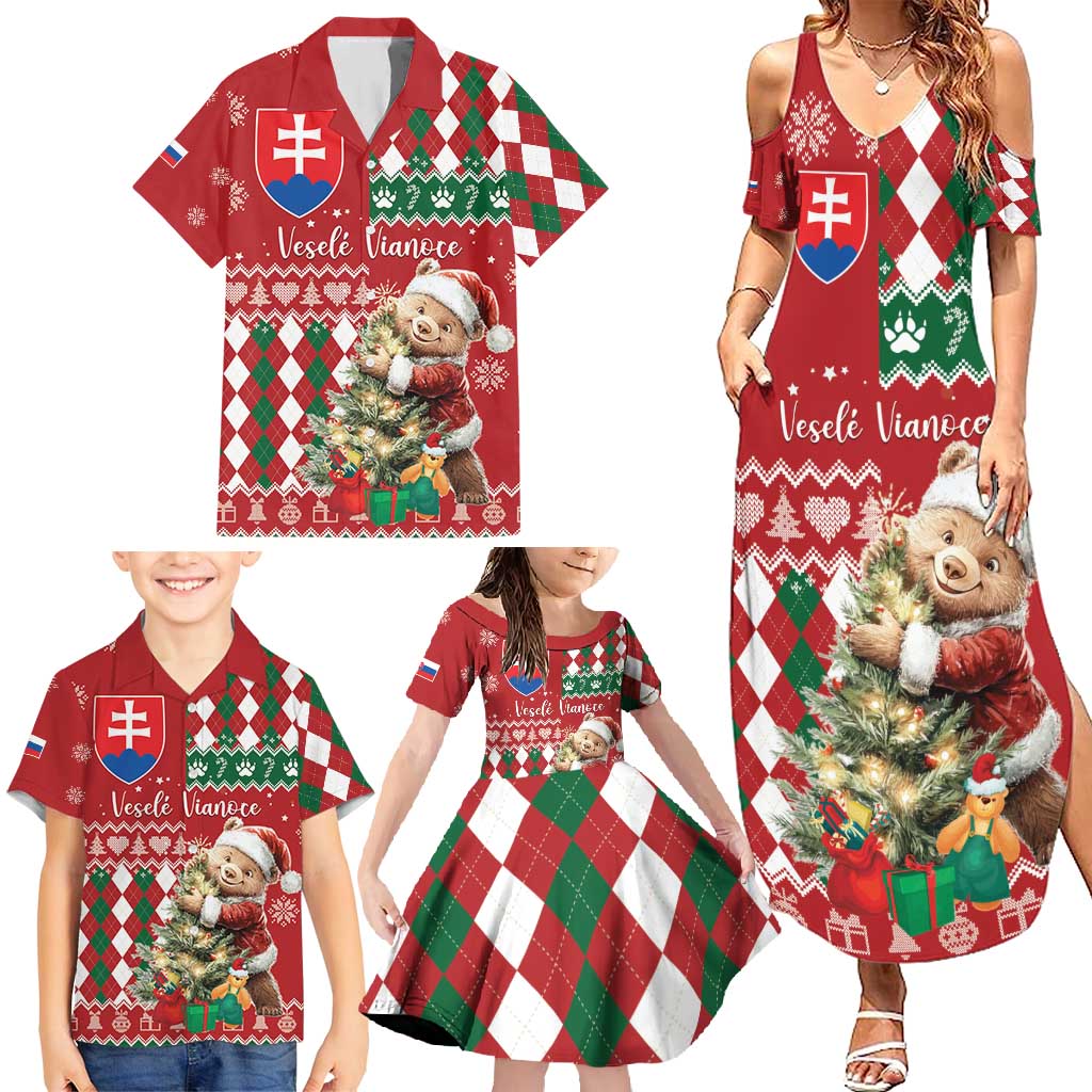 Personalised Slovakia Christmas Family Matching Summer Maxi Dress and Hawaiian Shirt Brown Bear Mix Argyle Pattern - Wonder Print Shop