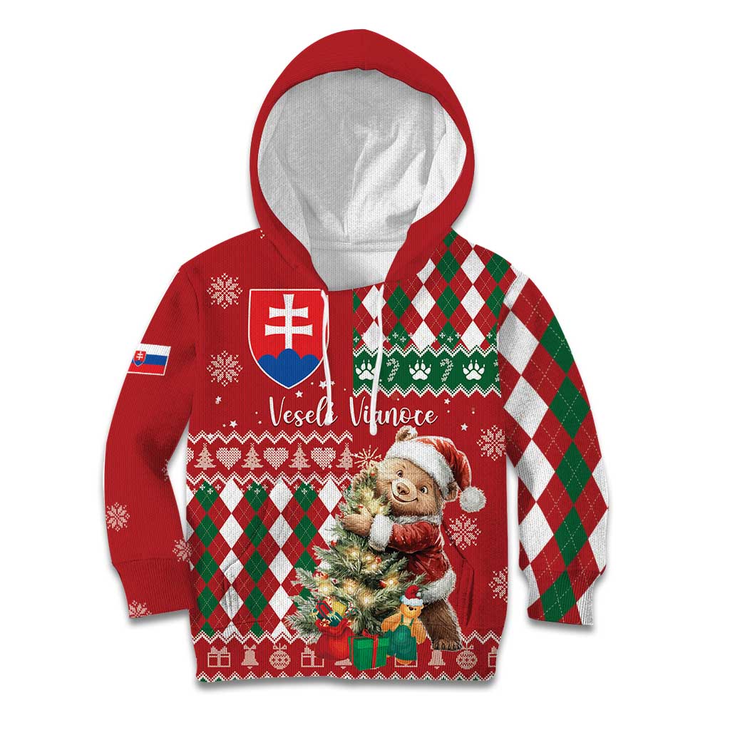 Personalised Slovakia Christmas Kid Hoodie Brown Bear Mix Argyle Pattern - Wonder Print Shop