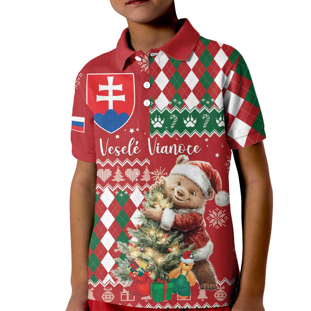 Personalised Slovakia Christmas Kid Polo Shirt Brown Bear Mix Argyle Pattern - Wonder Print Shop