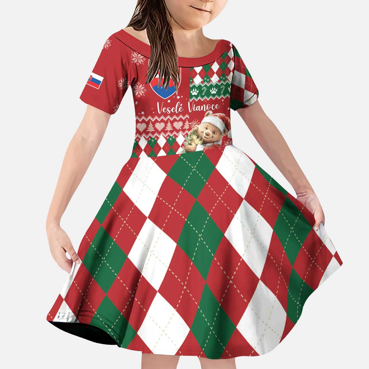 Personalised Slovakia Christmas Kid Short Sleeve Dress Brown Bear Mix Argyle Pattern - Wonder Print Shop