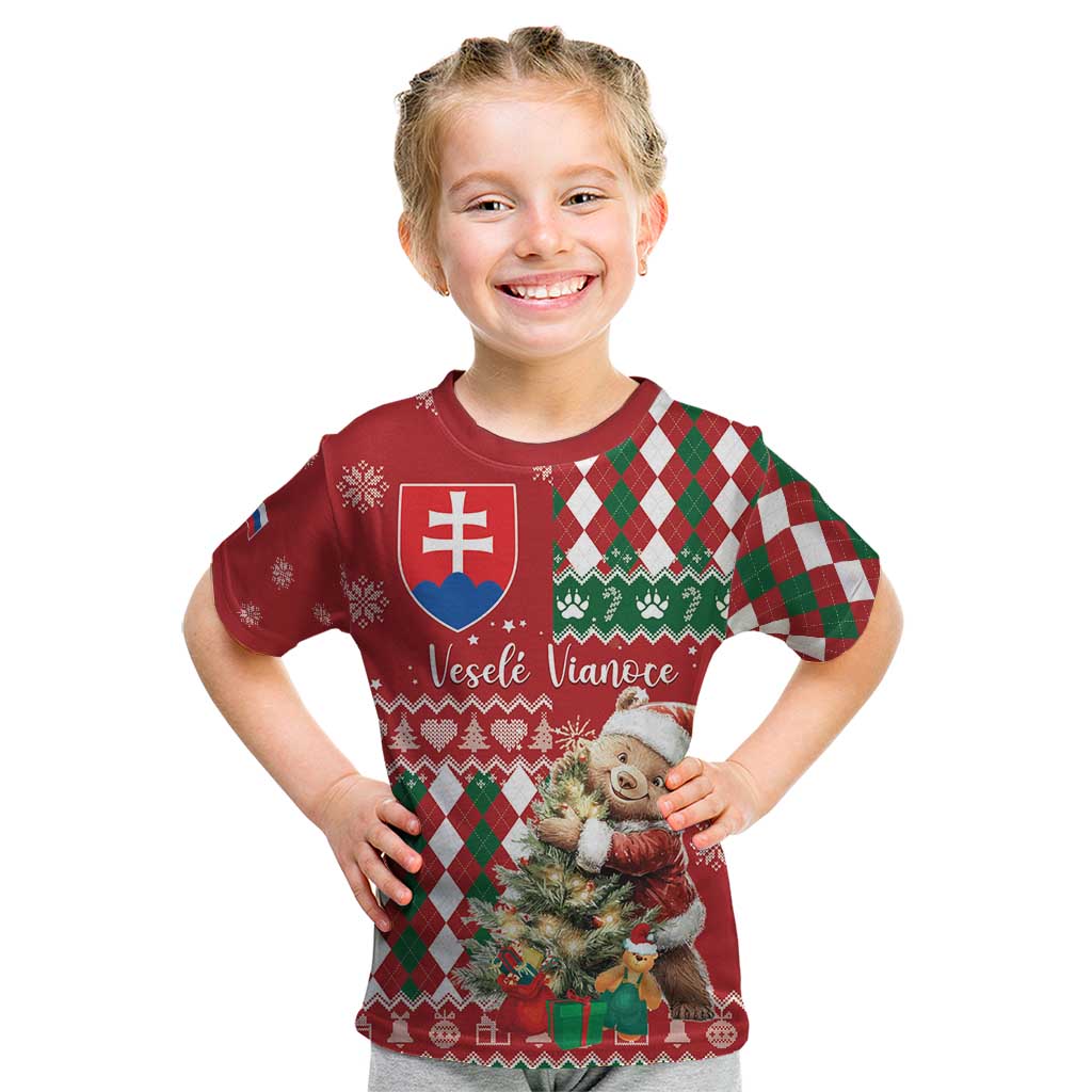 Personalised Slovakia Christmas Kid T Shirt Brown Bear Mix Argyle Pattern - Wonder Print Shop