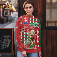 Red festive sweater worn by model, bear and argyle diamond pattern with crest on chest.