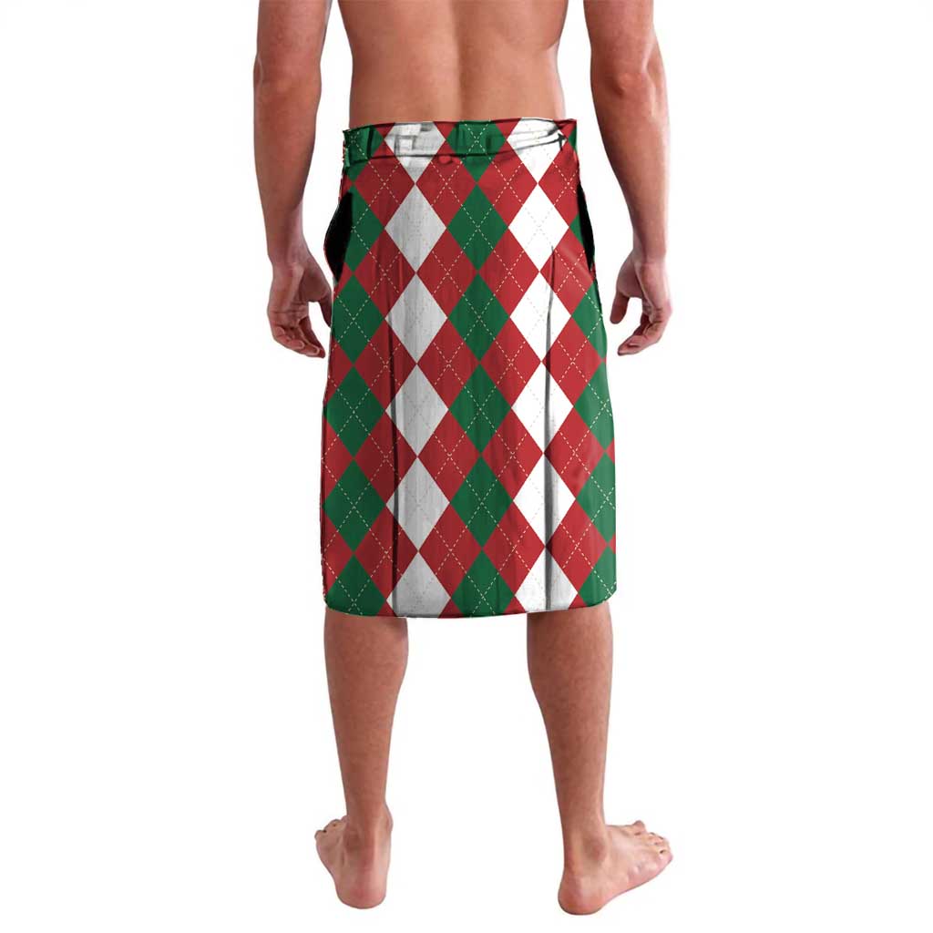 Christmas lavalava skirt, red green white diamond argyle pattern, back view