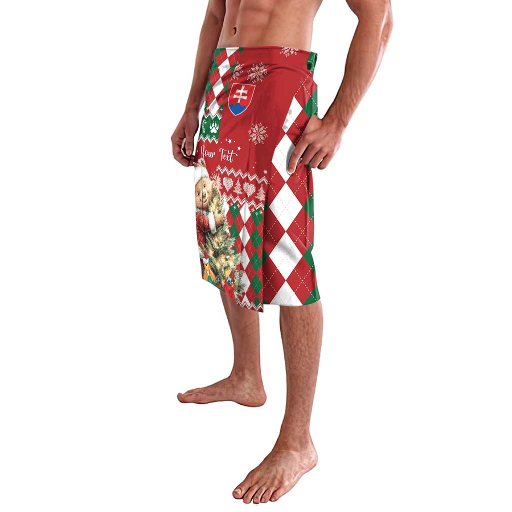 Christmas lavalava skirt with red green white argyle panels and festive bear-and-tree print