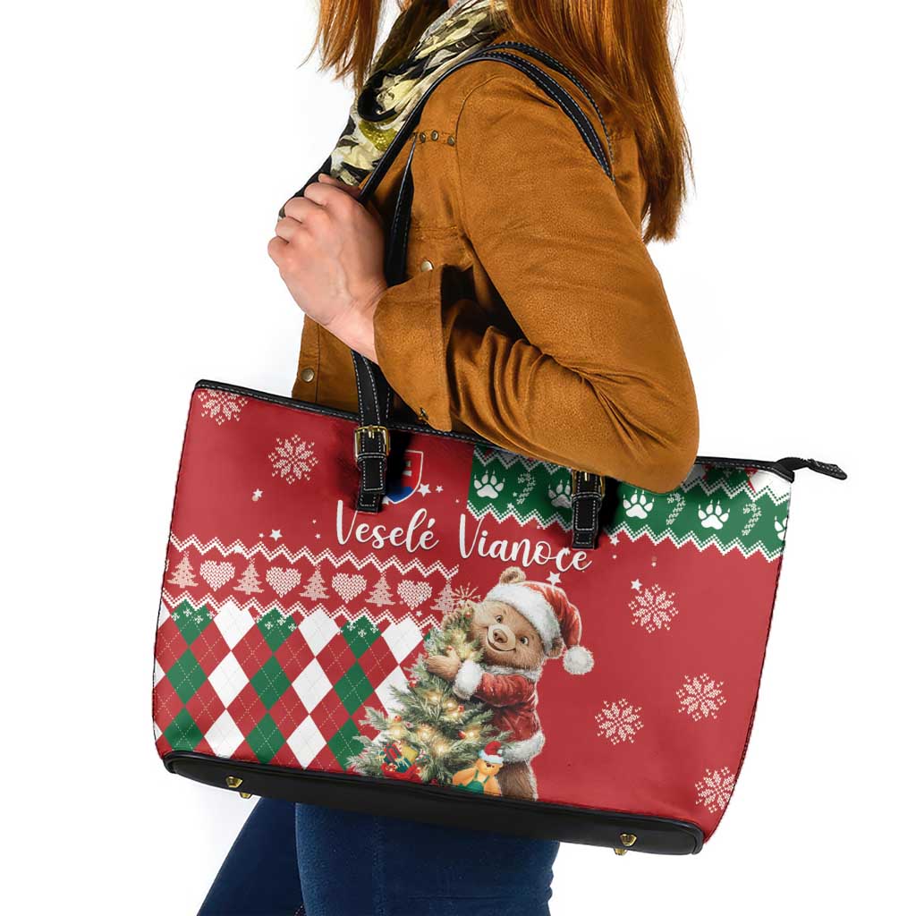 Slovakia Christmas Leather Tote Bag Brown Bear Mix Argyle Pattern - Wonder Print Shop