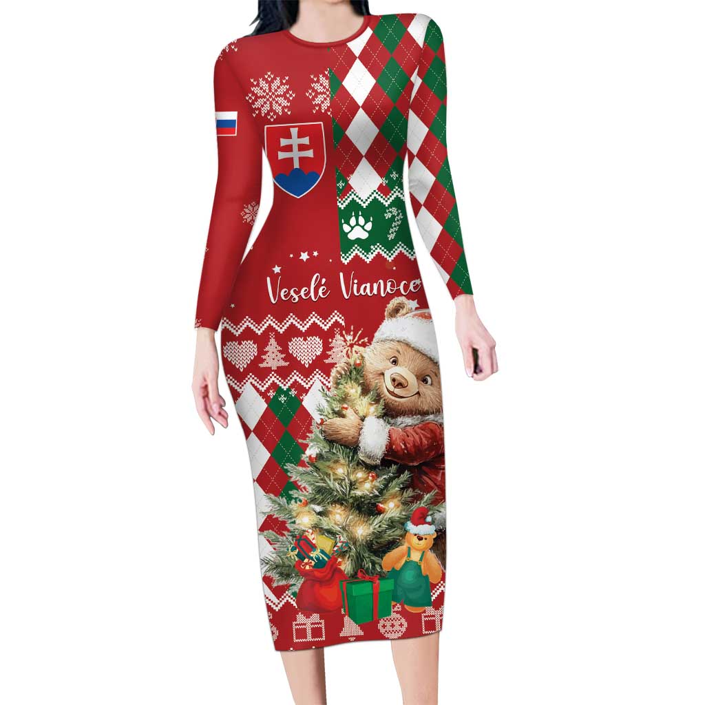 Personalised Slovakia Christmas Long Sleeve Bodycon Dress Brown Bear Mix Argyle Pattern - Wonder Print Shop