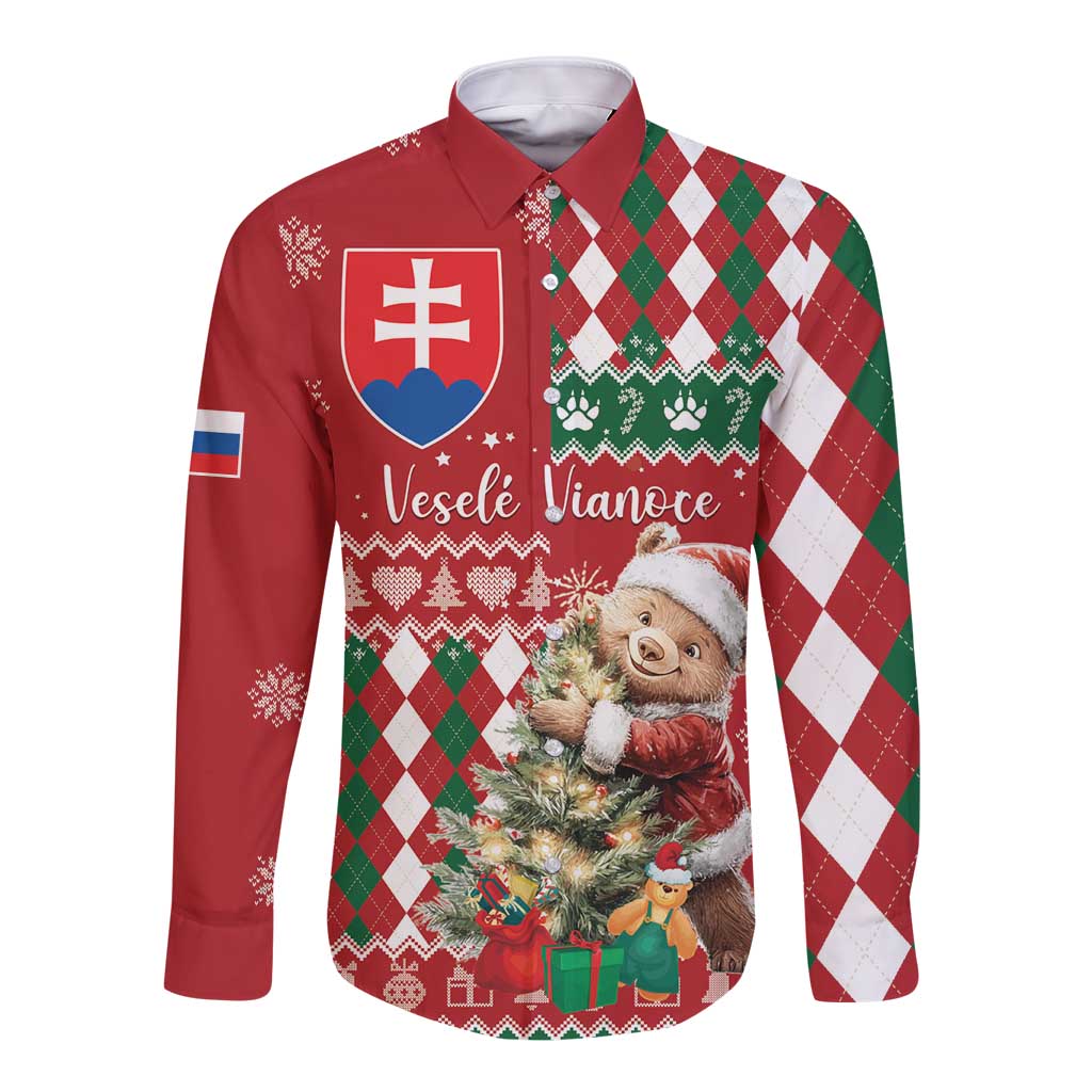 Red long-sleeve button shirt with argyle diamonds, Christmas bear and festive graphics