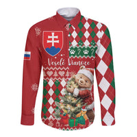 Red long-sleeve button shirt with argyle diamonds, Christmas bear and festive graphics