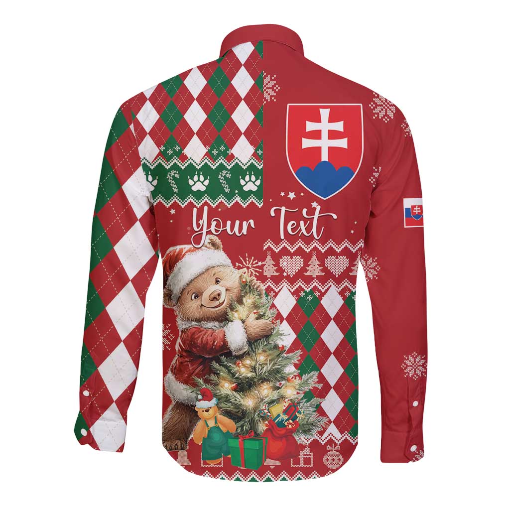 Red long-sleeve button shirt back with argyle pattern, shield emblem and “Your Text”