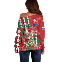 Women’s off-shoulder Christmas sweater, red back with argyle pattern and bear graphic