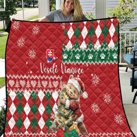 Red Christmas quilt with green-and-white argyle pattern, bear graphic, Slovak flag