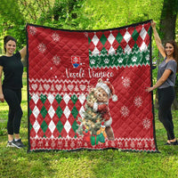 Red Christmas quilt with bear and Slovak flag, green/white argyle border pattern
