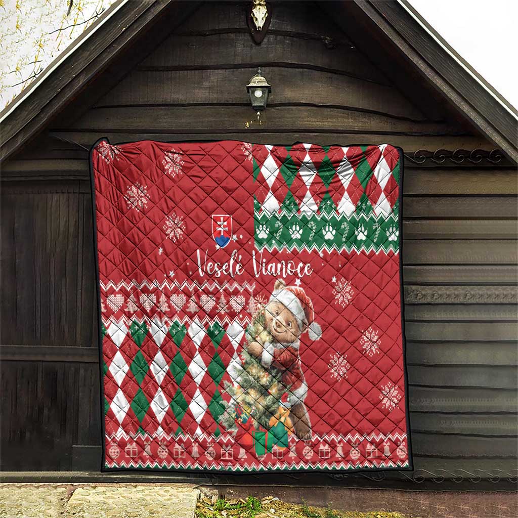 Red Christmas quilt in doorway view, green/white argyle, bear print, Slovak flag