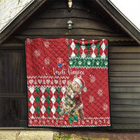 Red Christmas quilt in doorway view, green/white argyle, bear print, Slovak flag