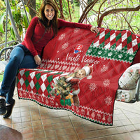 Red Christmas quilt blanket with bear graphic, green/white argyle border, Slovak flag