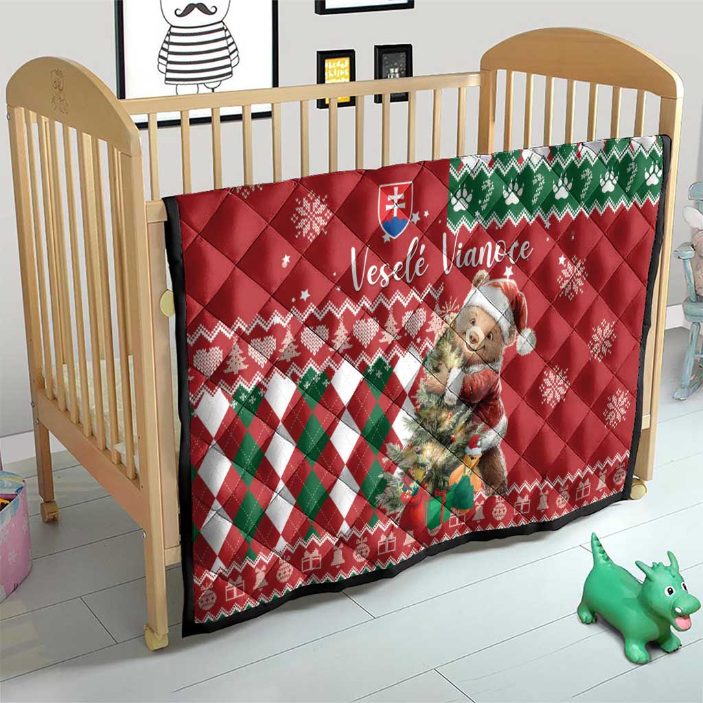 Red Christmas quilt for kids bed, bear print, green/white argyle pattern, Slovak flag