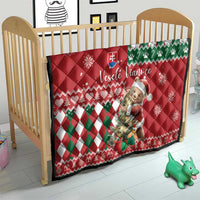 Red Christmas quilt for kids bed, bear print, green/white argyle pattern, Slovak flag