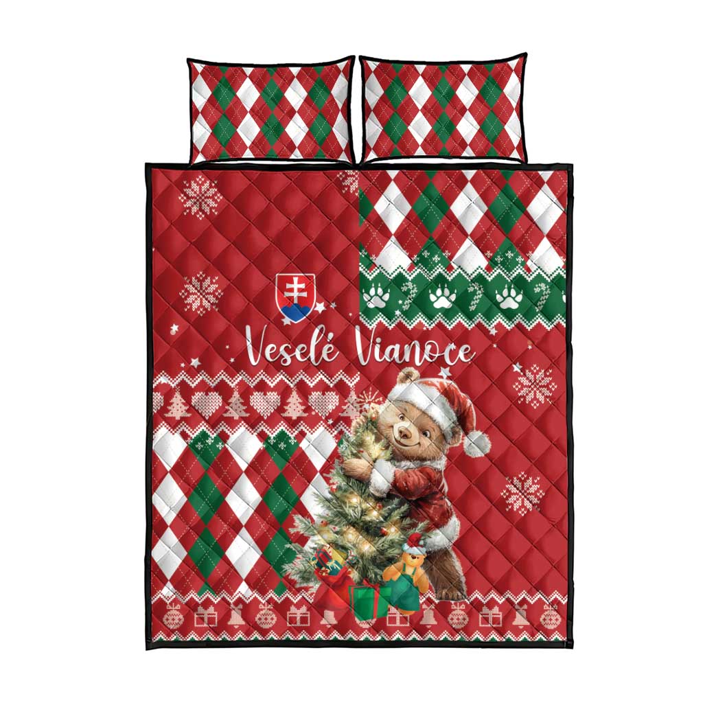 Christmas quilt bed set with two pillow shams, red argyle and bear print