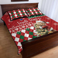 Red quilt bed set with bear print, green/white/red diamond patchwork border, matching pillows