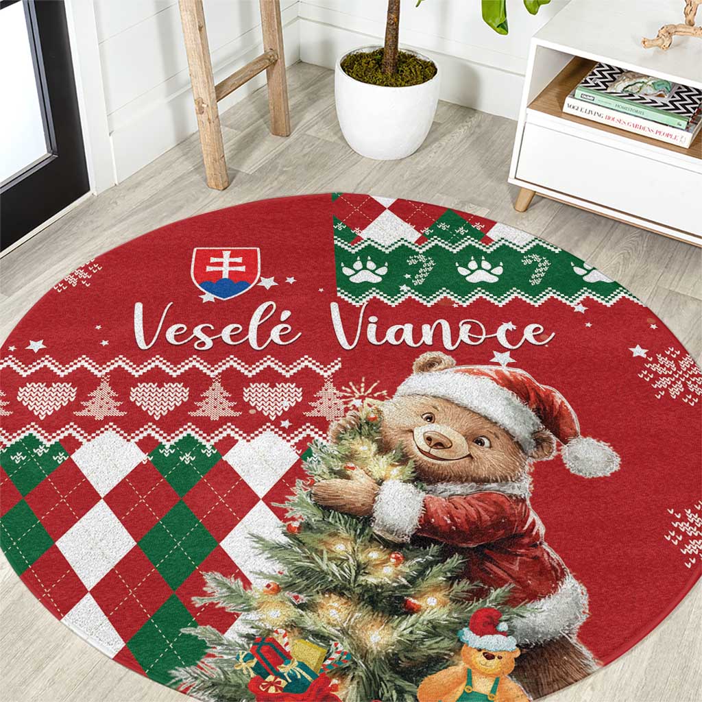 Round Christmas rug with teddy bear, tree, and red-green argyle pattern