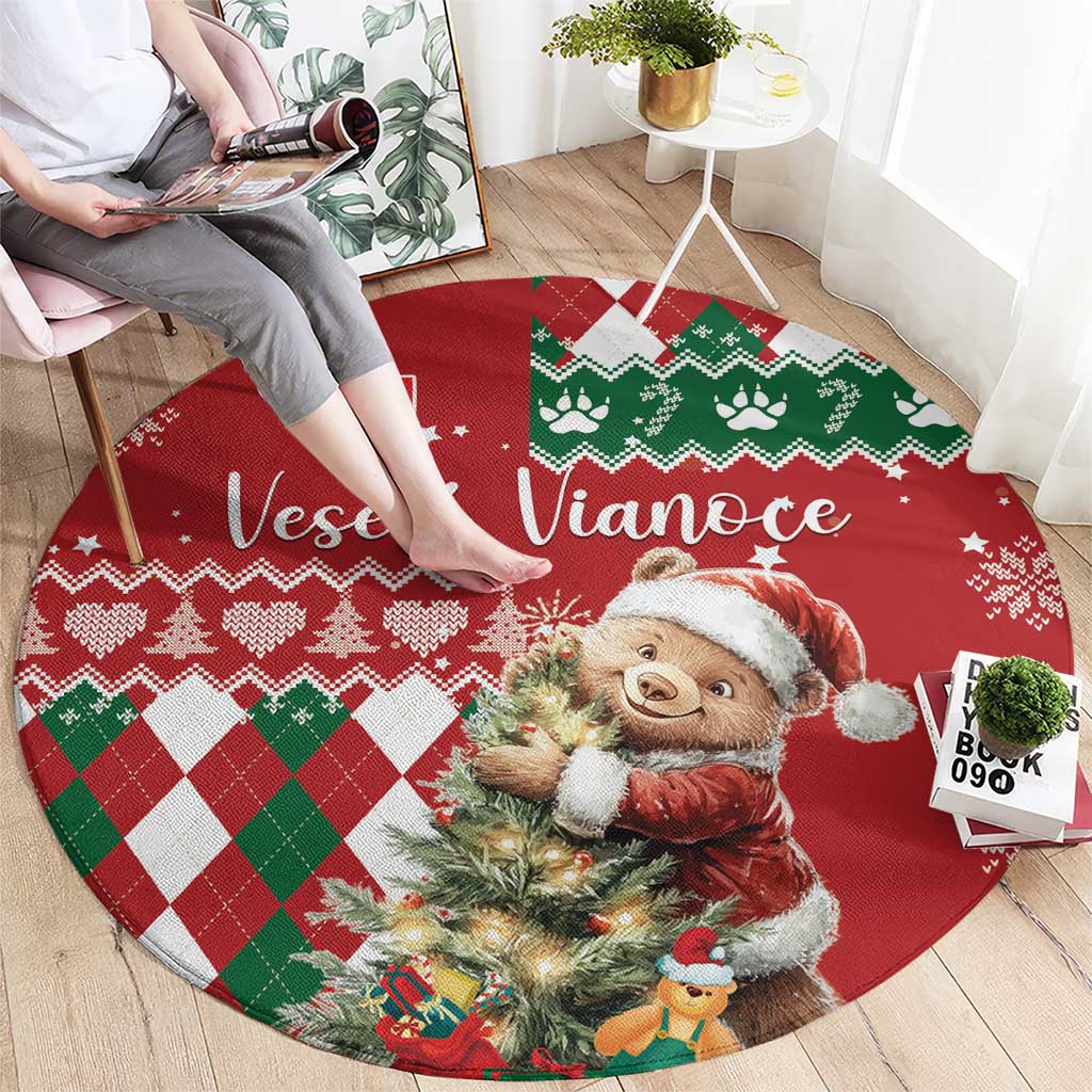 Round Christmas rug with teddy bear, tree, and red-green argyle pattern