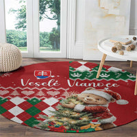 Round Christmas rug with red argyle pattern, bear Santa print, and Slovak greeting