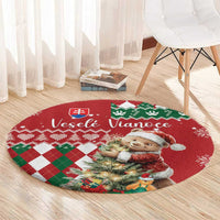 Round Christmas carpet with teddy bear, red argyle pattern, and Slovak greeting
