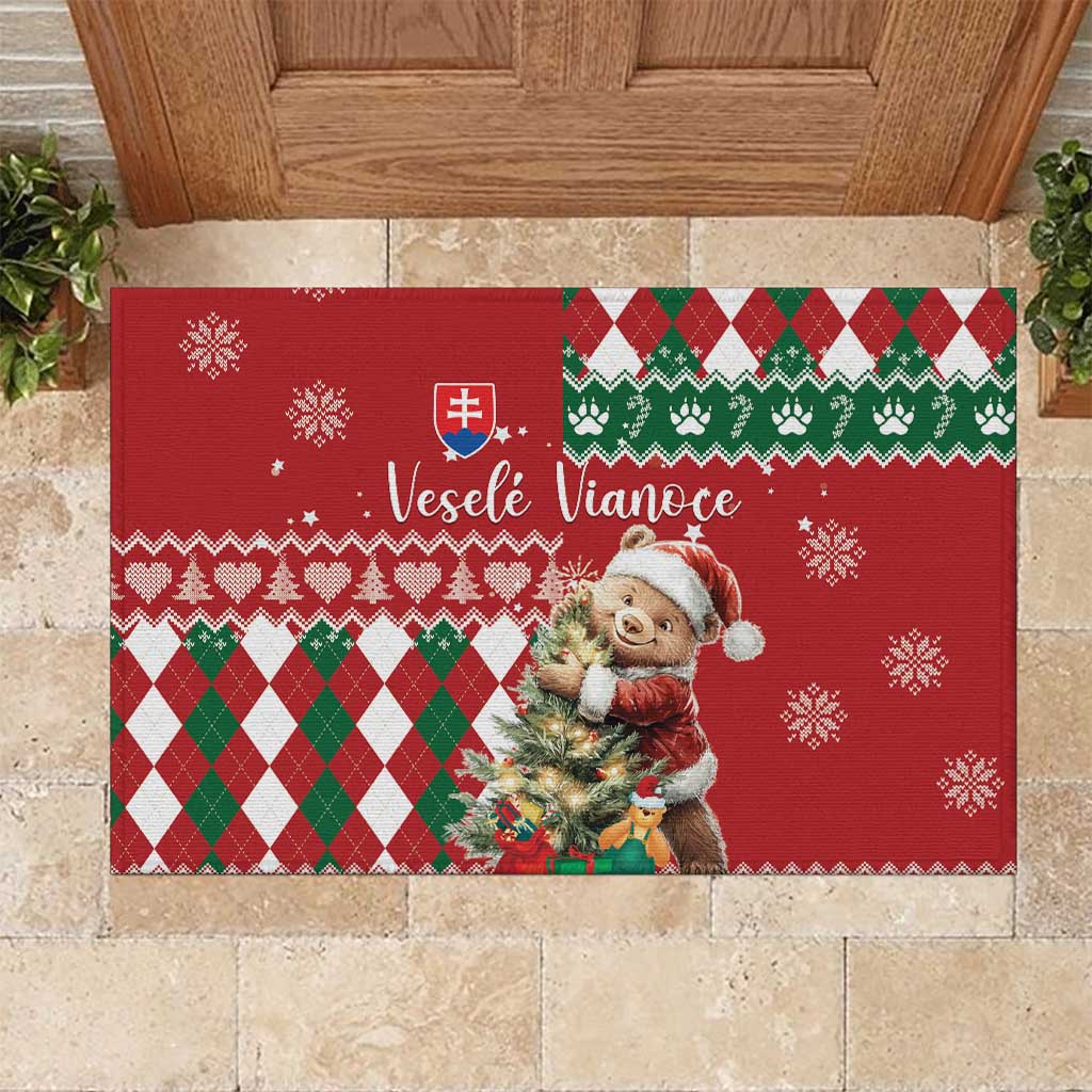 Slovakia Christmas Rubber Doormat Brown Bear Mix Argyle Pattern - Wonder Print Shop