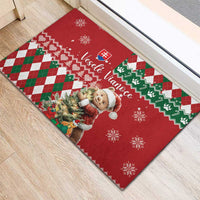 Red Christmas rubber doormat featuring a teddy bear, snowflakes, and green-red diamond pattern