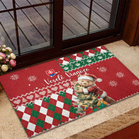 Red rubber Christmas doormat with bear and tree, snowflake accents, argyle check border
