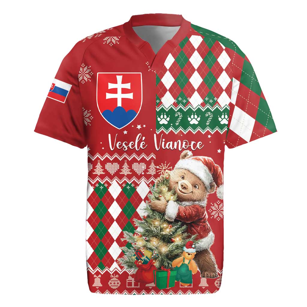 Personalised Slovakia Christmas Rugby Jersey Brown Bear Mix Argyle Pattern - Wonder Print Shop