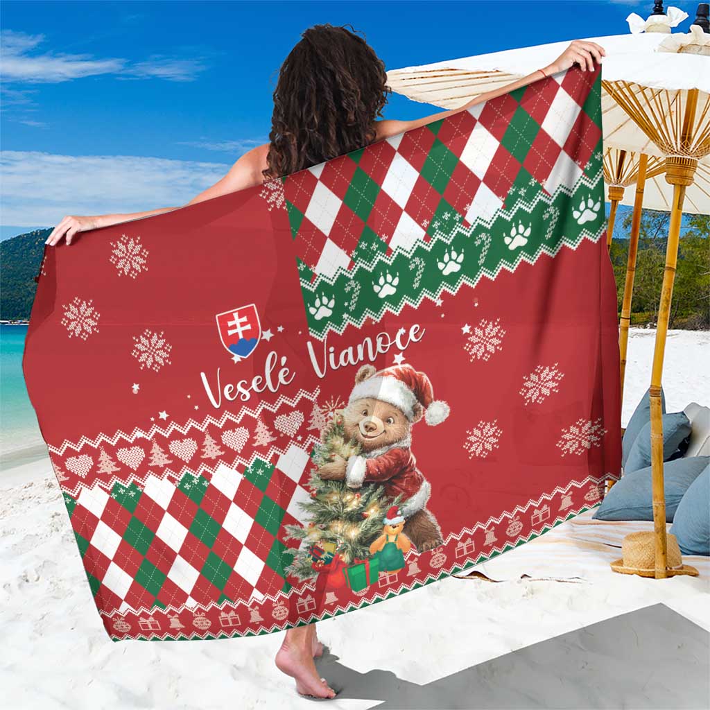 Christmas sarong, red fabric with green argyle bands and teddy bear holiday print